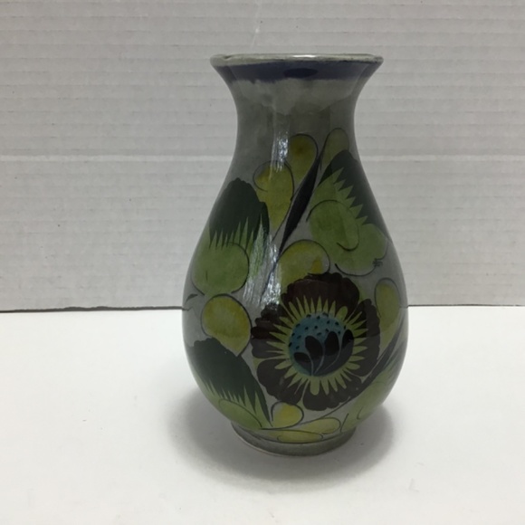 Vintage Tonala Grey Green Yellow Floral Pottery Vase - Picture 2 of 6